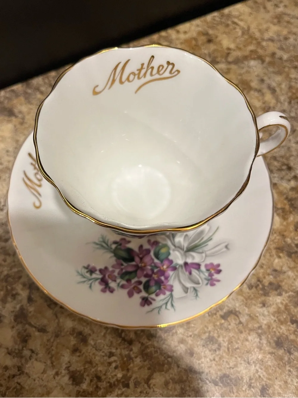 Royal Grafton “Mother” Floral Teacup & Saucer - Purple Violets with Gold Trim